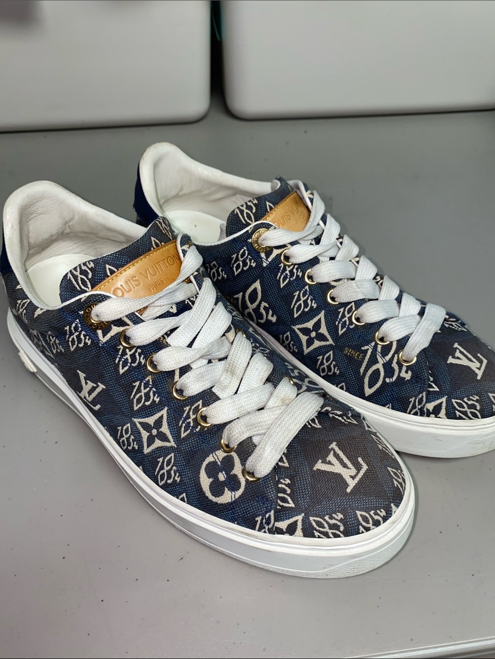 Louis Vuitton Denim Monogram Time Out Sneaker Blue White Size 38